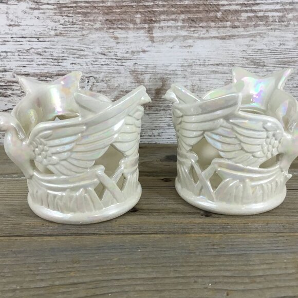 Set of 2 Ceramic Dove Bird & Star Votive Candle Holders Tall Pearl Iridescent - Picture 4 of 13